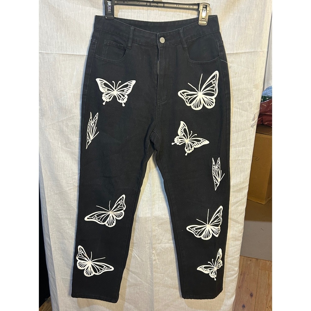 Womens Black High Wasted Butterfly Jeans Size M  Retro Boho Hippie
